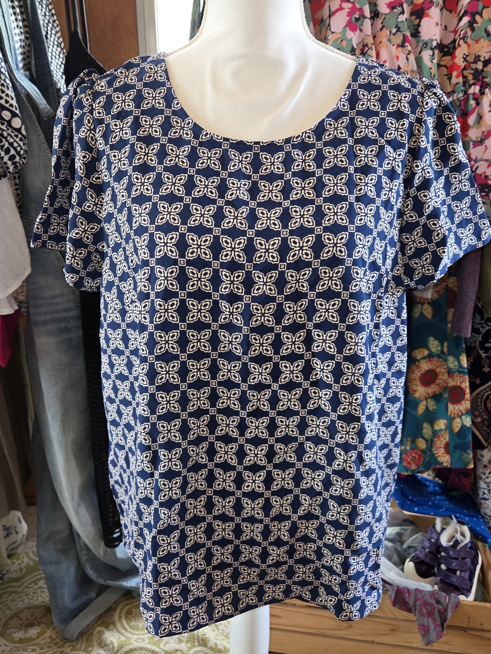 J. Crew Navy and White Short-Sleeve Patterned Tee